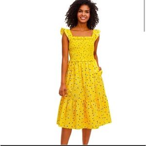 NWT LARGE KATE SPADE YELLOW FLOWERED SMOCKED LINED MIDI DRESS